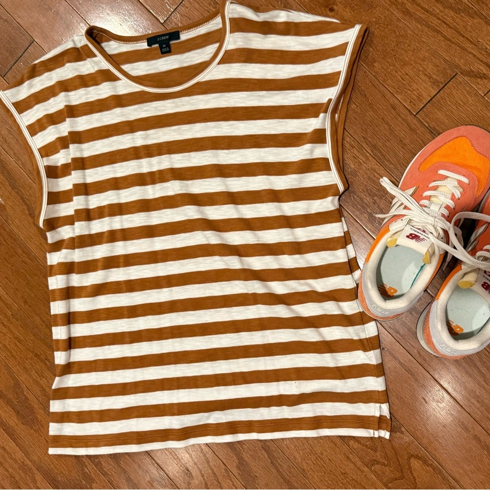 J. Crew Brown and White Striped Short Sleeve Tee , worn 1 time .